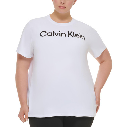 Calvin Klein Womens Plus Logo Crewneck Pullover Top White 2X