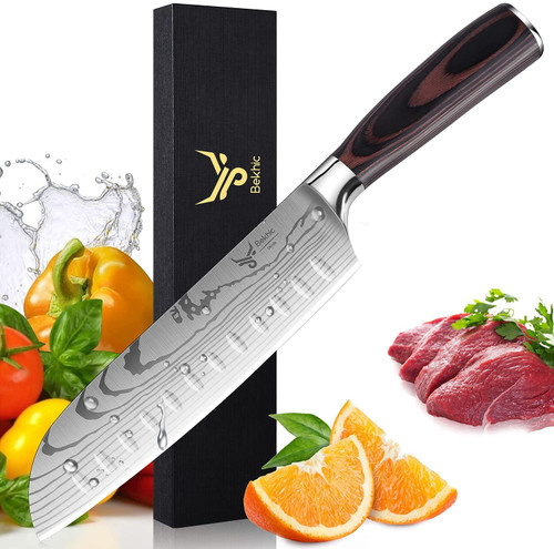 Bekhic Santoku Knife- SKnife Pro Kitchen Knife 7 Inch Kitchen Knife Asian Knife Japanese Chef Knife made of German High Carbon Stainless Steel ?Ergonomic Handle, Ultra Sharp (Silver&Maroon)