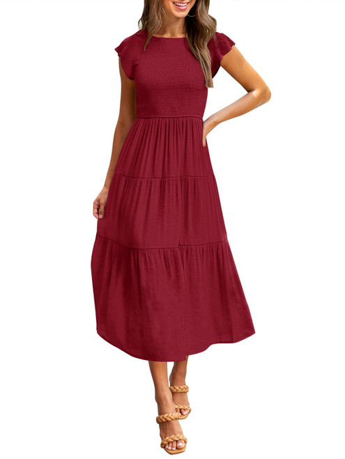 MEROKEETY Women's Flutter Short Sleeve Smocked Midi Dress Summer Casual Tiered A-Line Dress,Wine,M