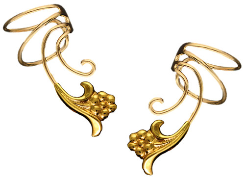 Flower Pair Non-pierced Wave Ear Cuff Earring Wrap Clips Gold On 925 Sterling