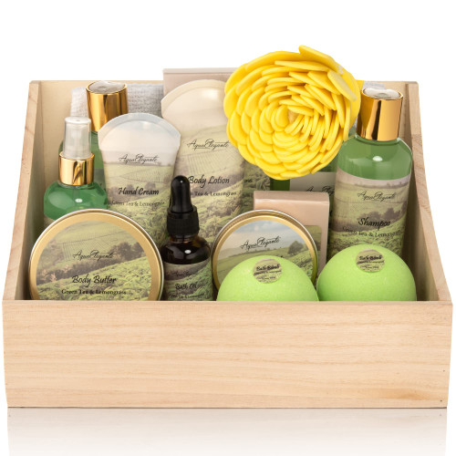 Bath Spa Gift Sets - Luxury Basket With Green Tea & Lemongrass - Spa Kit Includes Wash, Bubble Bath, Lotion, Bath Salts, Body Scrub, Body Spray, Shower Puff, Bathbombs, Soap and Towel