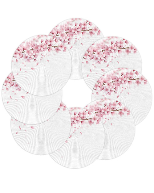 Round Placemats Set of 8 Pink Floral Woven Placemats Cherry Blossom Sakura Flower Tree Branch Circle Braided Placemat Heat Resistant Table Mat for Kitchen Dining Table Party Home Decor 15 Inch