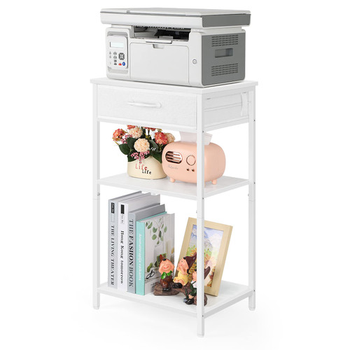 ETELI Printer Stand White Printer Table for Home Office 3 Tier Printer Shelf Desk with Storage Fabric Drawer Multi-Functional Small Table for Printer Fax Machine Scanner, White