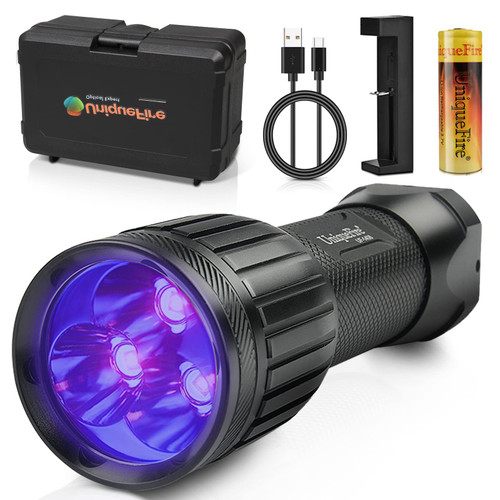 UniqueFire 1408 365nm UV Flashlight Black Light Rechargeable, High Power 3 LEDs Blacklight Flashlight for Pet Urine,Yooperlite,Rock Hunting,Body Art