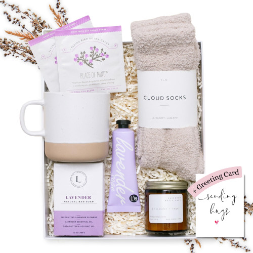 Unboxme Lavender Spa Gift Set - Relaxation Gifts For Women I Get Well Soon Gift Basket with Scented Candle, Bath Bomb, Soap + More, Birthday, Sympathy & Self Care Package, Including Sending Hugs Card