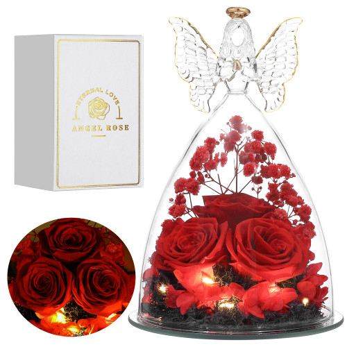 Tiaronics Mothers Day Gifts, Glass Angel Figurine with Three Roses Gifts,Preserved Forever Real Rose Gifts for Women, Angel Guardian with Rose Gift for Valentine Day - Red Tiaronics Mothers Day Gifts, Glass Angel Figurine with Three Roses Gifts,Preserved Forever Real Rose Gifts for Women, Angel Guardian with Rose Gift for Valentine Day - Red