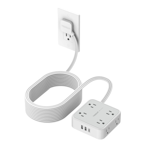 Flat Plug Long Extension Cord 25 Ft, TESSAN Power Strip Surge Protector with 8 Outlets 3 USB Ports (1 USB C), 900J Protection Desktop Charging Station for Home, Office, Dorm Room Essentials
