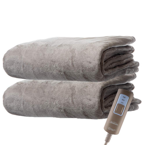 Sunbeam Premium Soft Electric Heated Throw Blanket Velveteen Plush, Washable with 3 Heat Settings and Auto Shut-Off, (Beige)