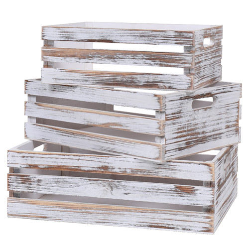 SENRYEE Large Size Wood Crates For Storage,Decorative Vintage White Wooden Crates For Display,Set Of 3 Rustic Wooden Crate. (vintage white)