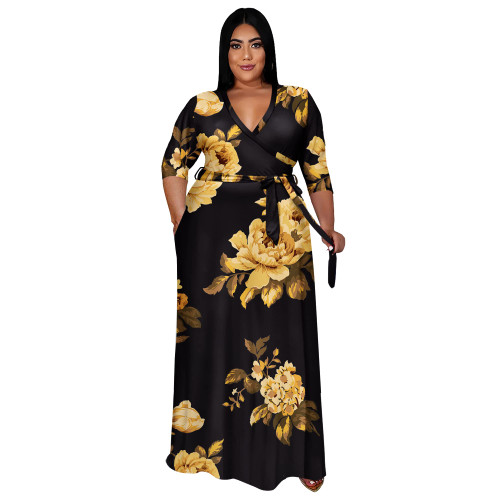 Runwind Plus Size Dress for Women 3/4 Sleeve V Neck Maxi Dresses for Women Gold Floral 2XL Runwind Plus Size Dress for Women 3/4 Sleeve V Neck Maxi Dresses for Women Gold Floral 2XL