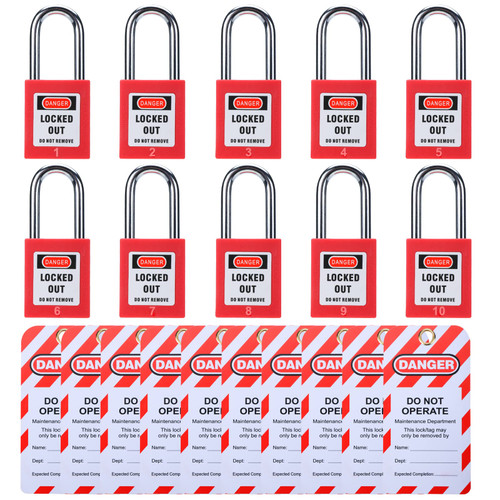 RealPlus Lockout Tagout Locks, 10pcs Safety Locks Keyed Differently & 10pcs Lockout Tagout Tags, Lock Out Tag Out Padlocks Set, 2 Keys Per Lock, Lockout Tagout Station Refill, Red