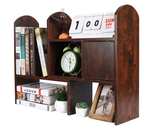 PAG Adjustable Desktop Shelf Countertop Bookshelf Bookcase Wood Desk Organizer Office Supplies and Accessories Storage Display Rack, Brown