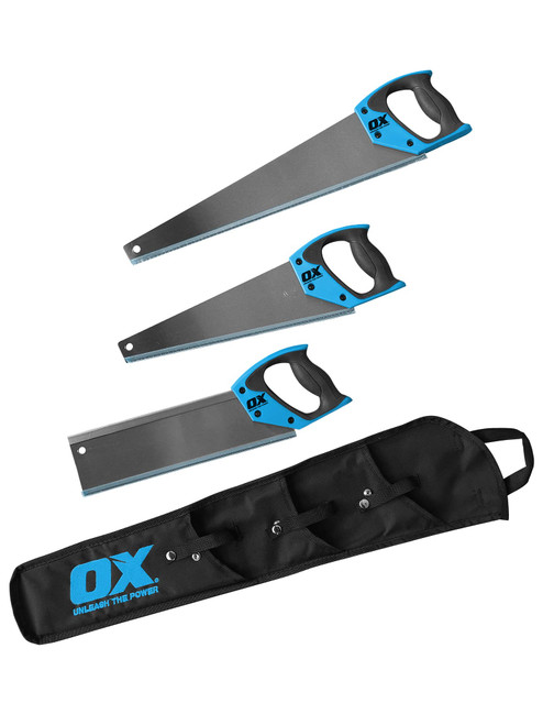 OX TOOLS Pro 3-Piece Handsaw Kit w/Carrying Case | 13 TPI 14-Inch Panel Saw, 8 TPI 15-Inch Tool Box Saw, 8 TPI 21-Inch Handsaw