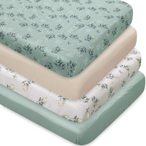 Newwiee 4 Pcs Muslin Fitted Crib Sheet Muslin Cotton Baby Sheets Crib Mattress Toddler Bed Mattress Breathable Crib Sheets Cotton Boho Neutral Crib Sheets for Boys Girls (52 x 28 Inch)