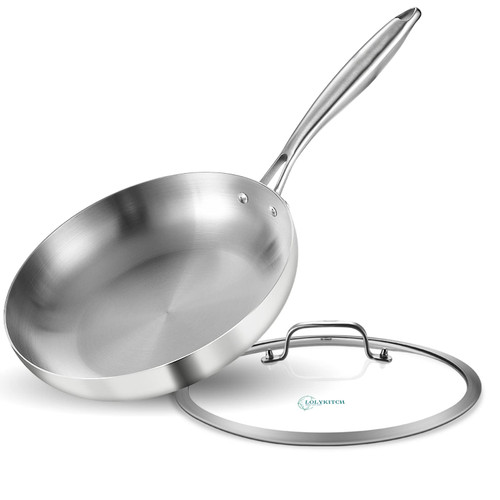 LOLYKITCH 9-1/2 Inch Tri-ply 18/8 Stainless Steel Chef's Pan,Frying Pan with Lid,Skillet,Induction Pan,Pot and Pan Set,Dishwasher and Oven Safe.(Rivet Handle)