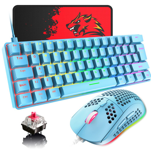 60% Wired Mechanical Gaming Keyboard, Rainbow LED Backlit Compact Mechanical Keyboard, Linear Red Switches, TKL Wired Keyboard, RGB Mouse 6400 DPI, Programmable for PC Gamers and Office Typists (Blue)