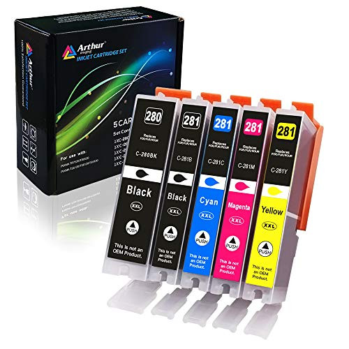 Arthur Imaging Compatible Canon Ink cartridges 280 and 281 Replacement PGI-280XXL CLI-281XXL PGI 280 XXL CLI 281 XXL PIXMA TR7520 TR8520 TS6120 TS6220 TS8220 TS9120 TS9520 TS9521C Printer (5 Pack)