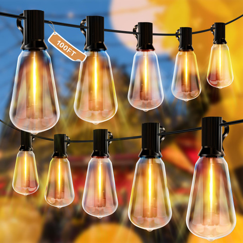 HslyT Outdoor String Lights 100FT LED Patio Lights with 52 Shatterproof ST38 Dimmable Vintage Edison Bulbs, Waterproof Outside Connectable Hanging Lights for Backyard Porch Balcony Party Garden Decor