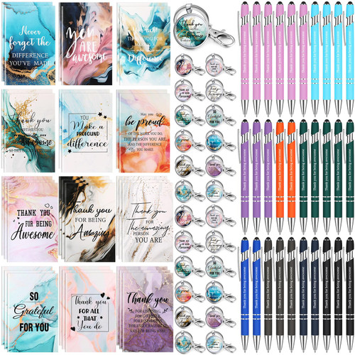 Gueevin 90 Pcs Employee Appreciation Gifts Set 30 Pcs Motivational Marble Notebook 30 Pcs Inspirational Ballpoint Pen 30 Pcs Metal Keychain for Teacher Coworkers Social Worker (Nice Styles)