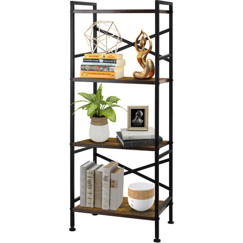 GIOTORENT 4 Tier Book Shelf, Small Bookshelf Storage Organizer, Tall Narrow Bookcase with Storage Shelves, Wooden Industrial Office Shelves for Bedroom, Living Room, Rustic Brown