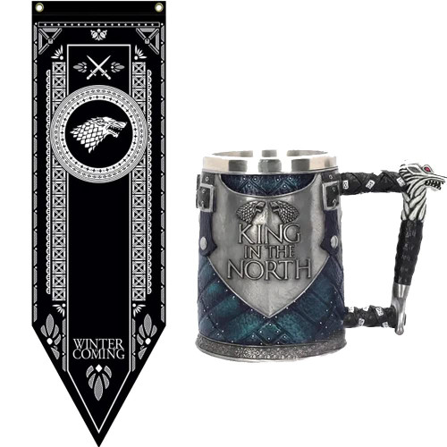 Edgell House - Game of Thrones Merchandise House Stark Gift Set - Game Of Thrones House Banner - Game of Thrones Sigil Tankard - Game Of Thrones House Stark Sigil