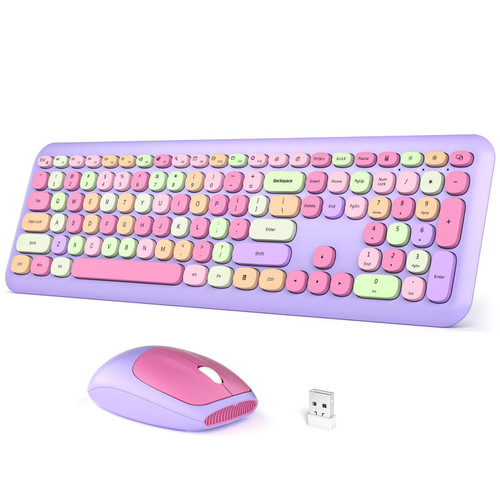 Dilter Wireless Keyboard and Mouse Combo, 2.4 GHz Full-Sized Office Keyboard and Mouse, USB Receiver Plug and Play for Windows, PC, Laptop, Desktop (Purple Colorful)