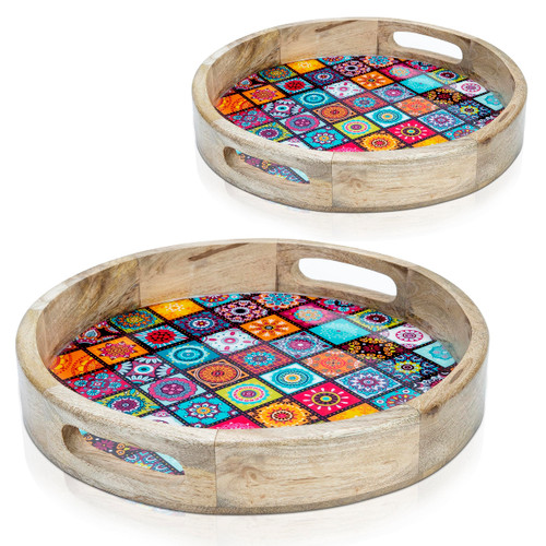 Round Serving Tray with Handles - Set of 2 - Large and Small for Serving Beverages & Food, Living Room, Home Dining Table, Enamel Design Decorative Coffee Tray with Handle, Wooden Tray for Drinks