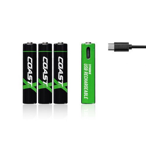 Coast AAA USB-C Rechargeable Batteries, ZITHION-X, Lithium Ion 1.5v 750 mAh, Long Lasting, Charges Under 1 Hour, Over 1000 Charges, Charging Cable Included, 4-Battery Pack Coast AAA USB-C Rechargeable Batteries, ZITHION-X, Lithium Ion 1.5v 750 mAh, Long Lasting, Charges Under 1 Hour, Over 1000 Charges, Charging Cable Included, 4-Battery Pack