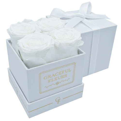 Graceful Fleurs | Real Roses That Lasts for Years | Preserved Fresh Flowers for Delivery Prime Birthday | Birthday Gifts for Women | Forever Roses in a Box (White, White Box, 4 Roses)