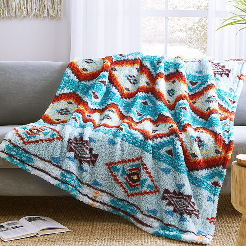 CASAAGUSTO Boho Sherpa Throw Blanket, Aztec Queen Blanket, Ultra Soft, Warm, Cozy, Plush, Thick Fleece Bohemian Throw Blanket for Couch, Bed, Sofa (Teal Blue 90 * 90 Inch)