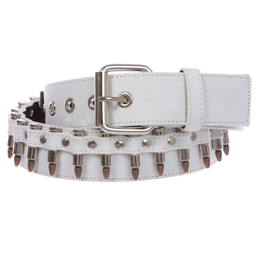 1 1/2" Snap on Bullet Hardware Stitching-edged Camouflage Canvas Studded Belt, White | M - 36"