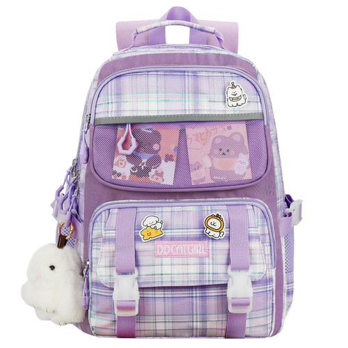 AoMoon Cute Backpack for Girls Kawaii Backpack Functional Bookbag Plaid Daypack Aesthetic Backpack for School with Cute Accessories (Purple)