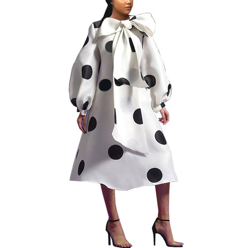 AOMEI Women's White Big Bowtie Lantern Sleeve A-Line Polka Dot Printed Dress with Belt (M,Medium)