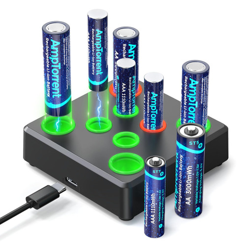 AmpTorrent Rechargeable Batteries with Charger, 1.5V Rechargeable Lithium Batteries, High Capacity AAA & AA Lithium Rechargeable Batterie, Fast Charge, Long Lasting AmpTorrent Rechargeable Batteries with Charger, 1.5V Rechargeable Lithium Batteries, High Capacity AAA & AA Lithium Rechargeable Batterie, Fast Charge, Long Lasting