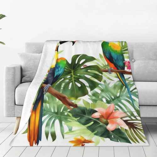 Toucans Parrot Palm Tree Leaves Print Throw Blanket Lightweight Soft Flannel Blankets Luxury Warm Fleece Blanket for Bed Couch Sofa 60"x50"