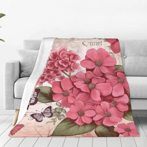 Pink Flowers Print Throw Blanket Lightweight Soft Flannel Blankets Luxury Warm Fleece Blanket for Bed Couch Sofa 60"x50"