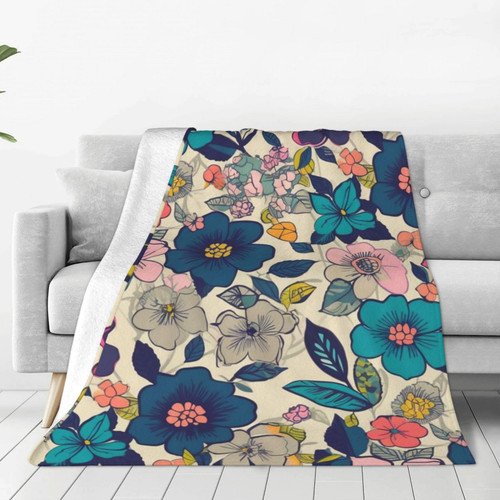 Flowers Print Throw Blanket Lightweight Soft Flannel Blankets Luxury Warm Fleece Blanket for Bed Couch Sofa 60"x50"