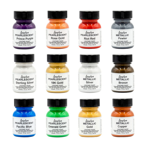 Angelus Leather Acrylic Paint Kit for Customizing Sneakers, Shoes, Hats, Jackets, Bags - Metallic & Pearlescent Set of 12