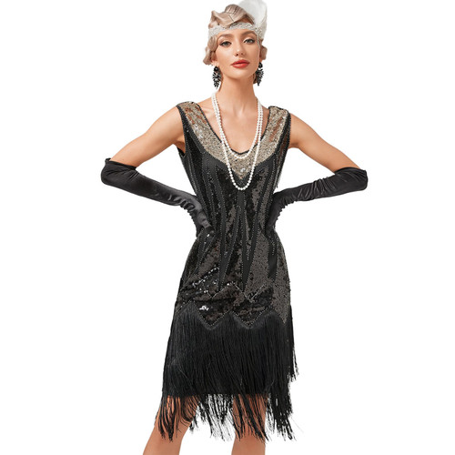 1920s Flapper Dress for Women Black Flapper Dresses 1920s Gatsby Sequin Fringe Dresses Roaring 20s Cocktail Party Vintage Sequin Flapper Dress Black+Gold X-Large