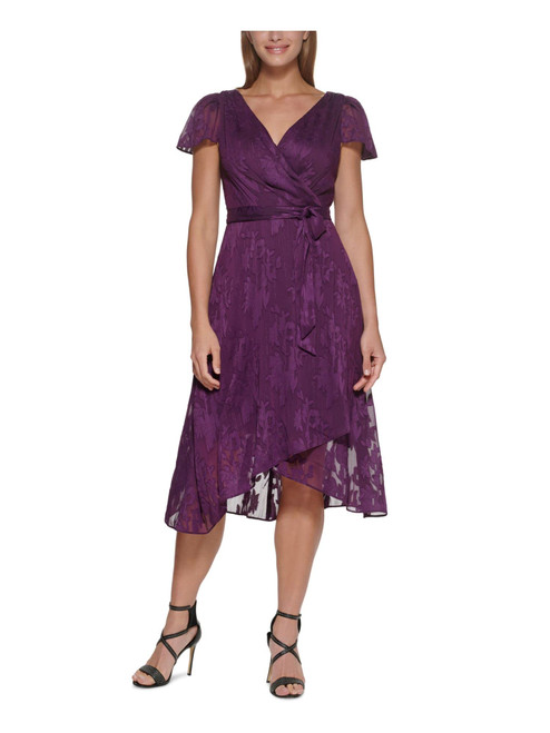 DKNY Womens Purple Zippered Belted Metallic Floral Flutter Sleeve Surplice Neckline Midi Evening Wrap Dress 16