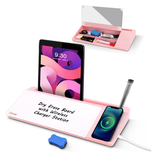 SELEAD Desktop Glass Whiteboard with Wireless Charger Station, Dry Erase Board Computer Pad Keyboard Stand with Organizer for Home, School, Office Desk Accessories, Pink