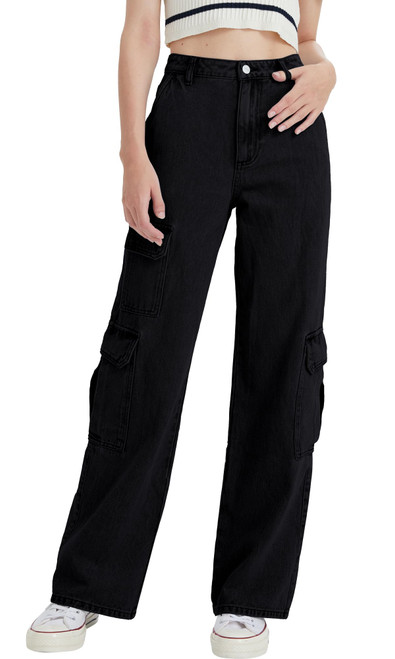 ONESO Women's Wide Leg Cargo Jeans High Waisted Baggy Jeans for Women Casual Y2K Loose Fit Denim Pants Black Jeans 25