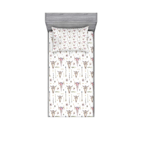 Lunarable Arrows Fitted Sheet & Pillow Sham Set, Boho Pattern Artwork Feathers Cow Skulls Rustic Themed Shapes Print, Decorative Printed 2 Piece Bedding Decor Set, Twinxl, White Ivory