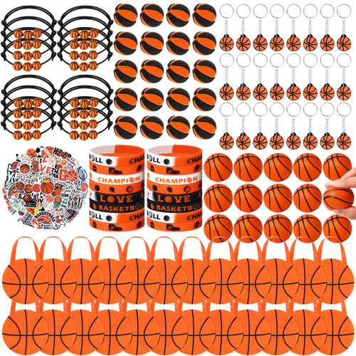 Aoriher 194 Pcs Basketball Football Soccer Baseball Party Favors Set Sport Silicone Bracelets Charm Bracelets Mini Bouncy Balls Toy Keychains Non Woven Gift Bags Sticker Eraser(Basketball)
