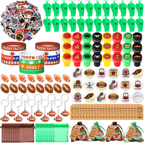 Aoriher 266 Pcs Football Party Favors Football Party Supplies Gifts Set Football Stress Ball Stickers Whistle Keychain Bracelet Erasers Badges Organza Bags Thank You Tags for Football Sport Birthday