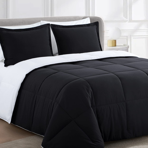 Aisbo Reversible Comforter Set Queen - Fluffy 3-Pieces Comforter Set Soft and Lightweight, Black and White All Season Down Alternative Comforter for Queen Size Bed with 2 Reversible Pillow Shams