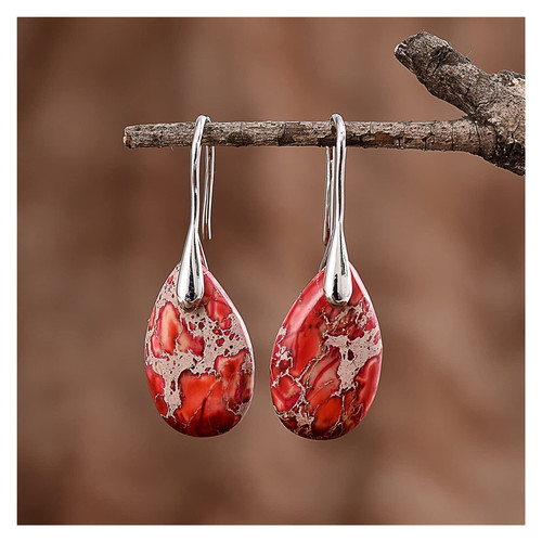 PSVOD 1 Pair Natural Red Stones Water Drop Earrings Jewelry Earrings Stud Set (Size : Red Silver)