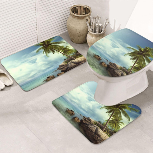 RLDOBOFE Bathroom Rugs Sets 3 Piece, Palm Tree Rocky Shore Print Bath Mat Set with Non-Slip Rugs, Toilet Lid Cover and Bathroom Mat, Flannel Rugs for Bathroom Decor RLDOBOFE Bathroom Rugs Sets 3 Piece, Palm Tree Rocky Shore Print Bath Mat Set with Non-Slip Rugs, Toilet Lid Cover and Bathroom Mat, Flannel Rugs for Bathroom Decor