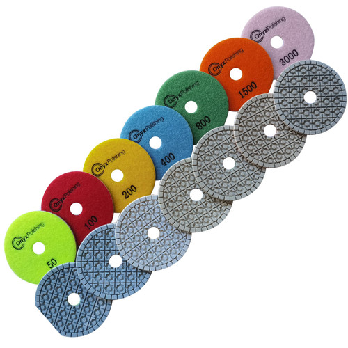 Onyx 7 PCS Dry & Wet Diamond Polishing Pads 4 Inch, Grit 50-3000, Granite Marble Engineered Stone Nature Stone, Countertop Polish Pads Onyx 7 PCS Dry & Wet Diamond Polishing Pads 4 Inch, Grit 50-3000, Granite Marble Engineered Stone Nature Stone, Countertop Polish Pads