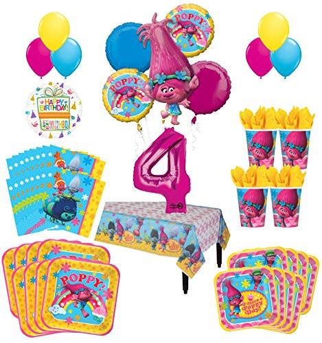 Trolls Poppy 4th Birthday Party Supplies 8 Guest Kit and Balloon Bouquet Decorations